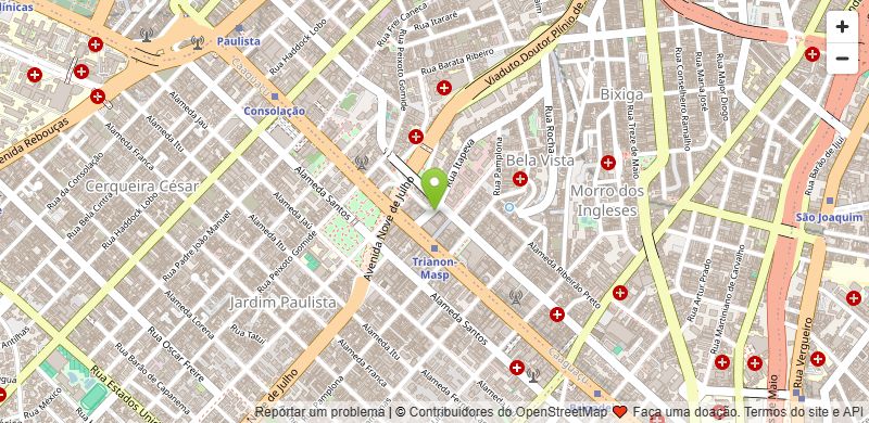 Mapa de localização do consultório na Avenida Paulista, região da Bela Vista, São Paulo